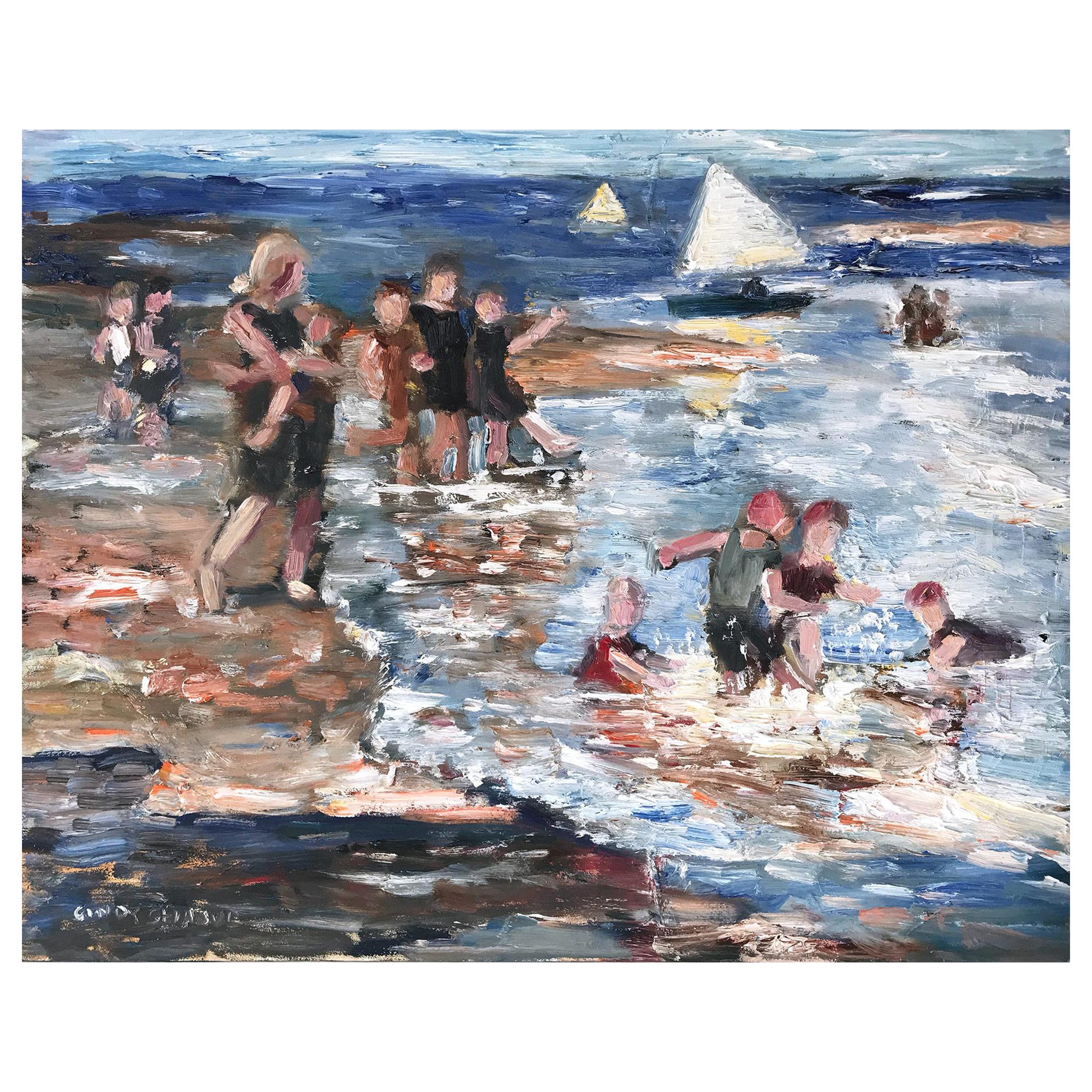 Figurative Painting di Cindy Shaoul - "Schizzi in spiaggia" Pittura a olio su pannello con scena impressionistica di spiaggia