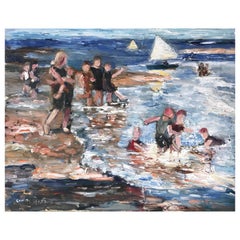 "Splashes at the Beach" Impressionistic Beach Scene Oil Painting on Panel