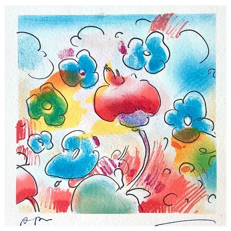 Lithographie signée Cosmic FLOWERS, fleur abstraite, couleurs joyeuses bleu rouge jaune