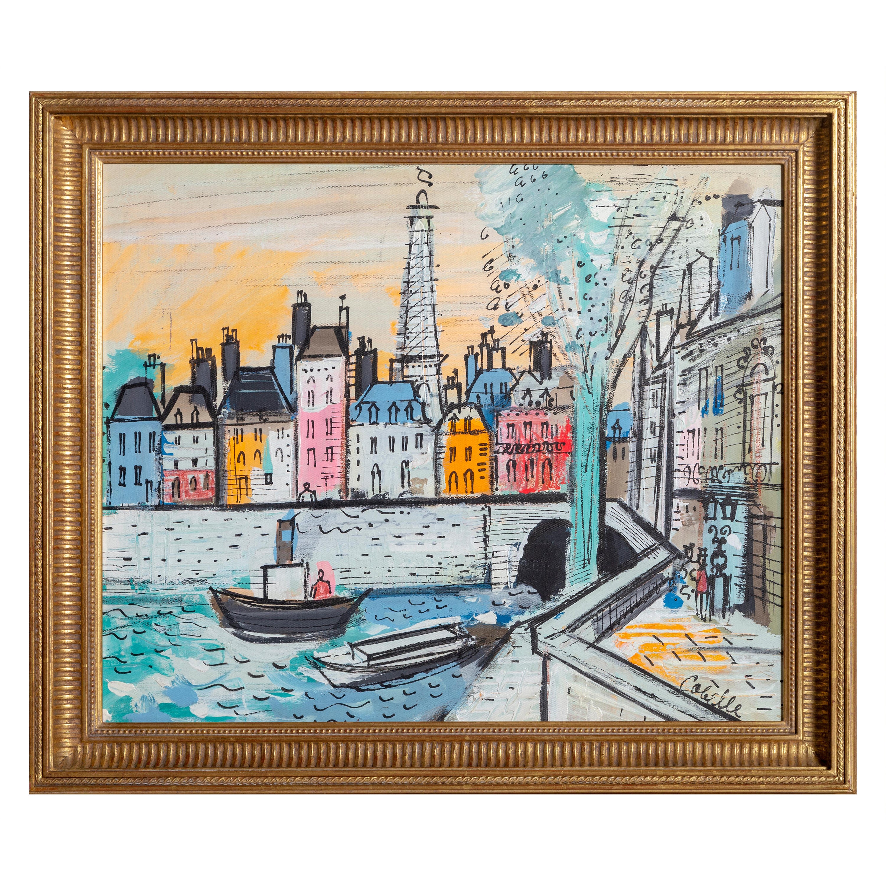 Ein idyllisches Gemälde des französischen Künstlers Charles Cobelle, das den belebten Fluss Seine in Paris zeigt. Cobelle war ein anerkannter französischer Künstler, der bei Marc Chagall und Raoul Dufy studierte. Mit den Fähigkeiten, die er während
