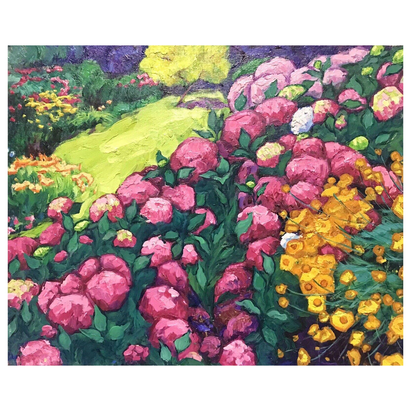 Französisches signiertes Ölgemälde bunter Blumengarten in Rosa, Grün, Orange und Gelb