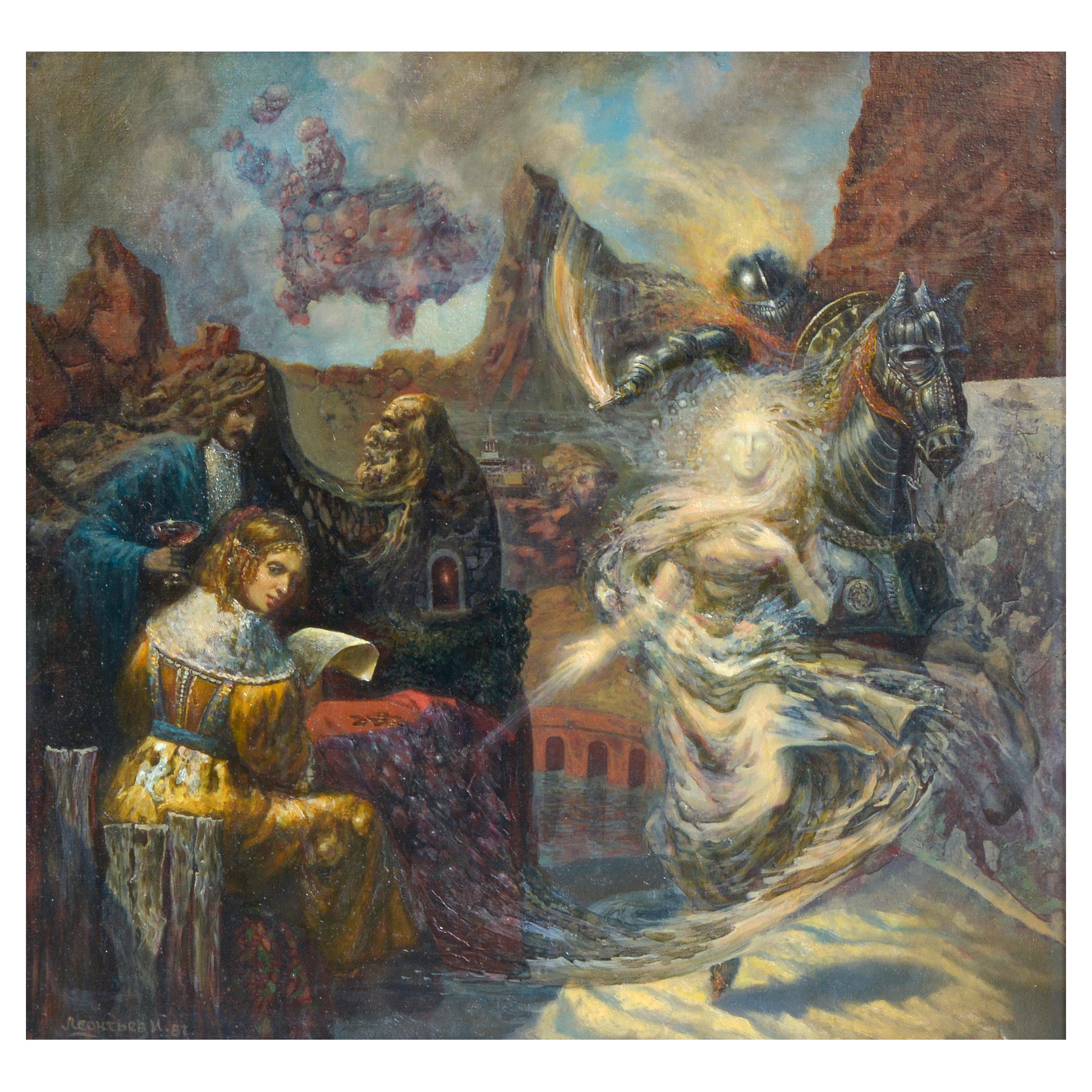 Figurative Painting Igor Leontiev - Rêve de la Renaissance. Messenger ( messager). Acrylique sur toile, 57x59 cm