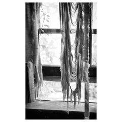 "Tattered", photograph, abandoned, curtain, black and white, metal print
