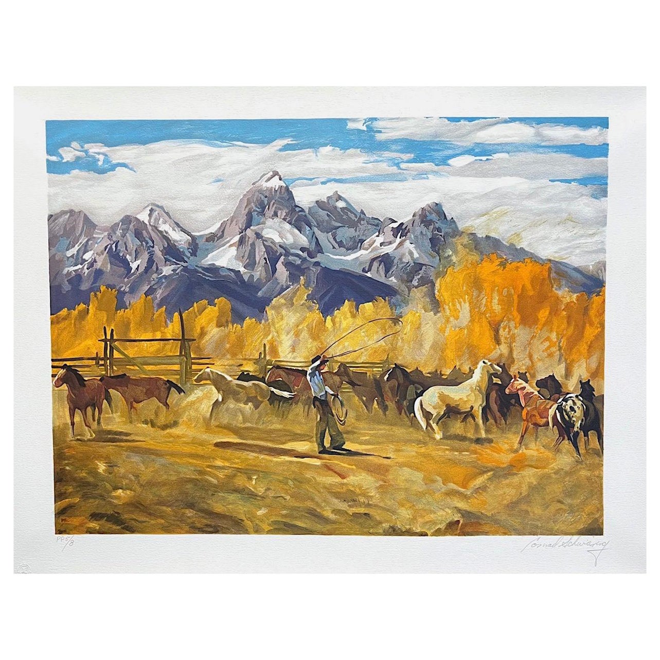 Conrad Schwiering Animal Print - SINGLIN' OUT Signed Lithograph, American Cowboy Roping Horses, Rocky Mountains