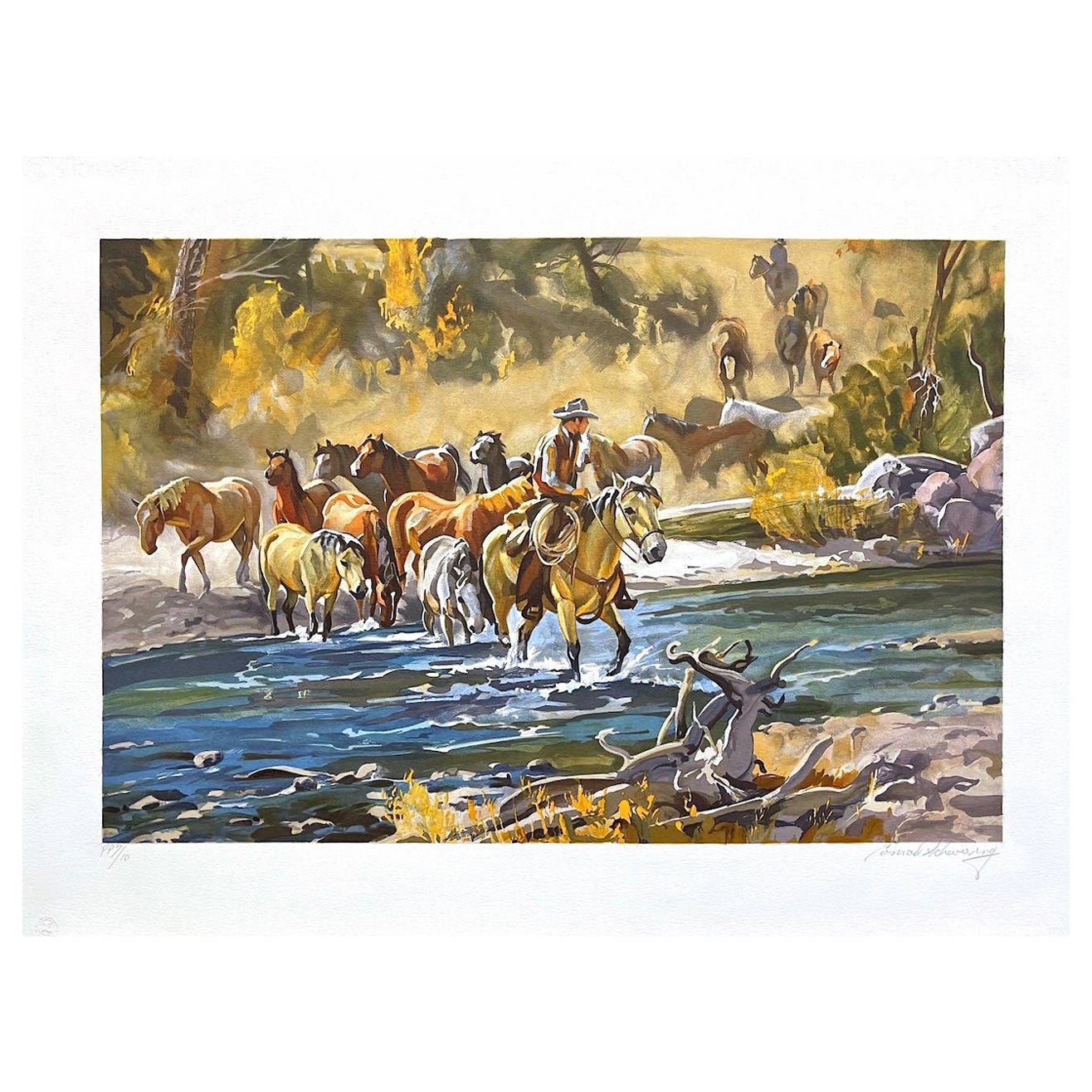 EASIN' EM HOME Signierte Lithographie, Westernszene, Cowboy, Flussüberquert mit Pferden, EASIN 