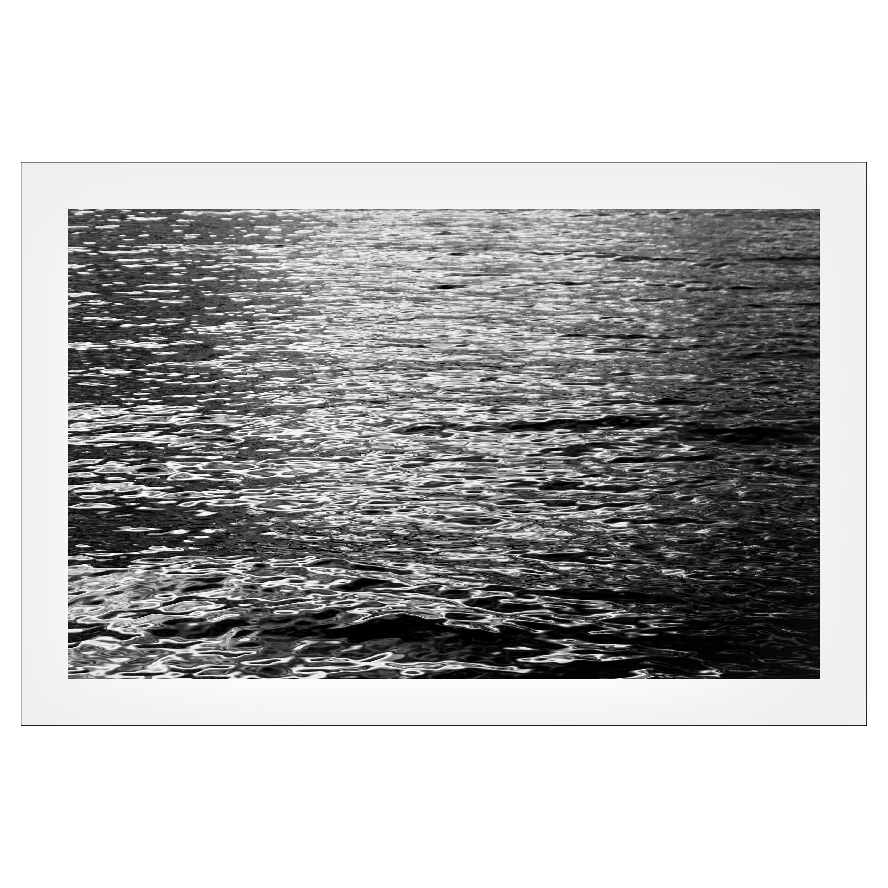 Kind of Cyan Black and White Photograph - Black and White Abstract Ripples Under Moonlight, Nocturnal Nautical Giclée