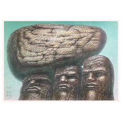 STONE CARRIERS Signed Hand Drawn Lithograph, Portrait Heads Stone Men Philosophy