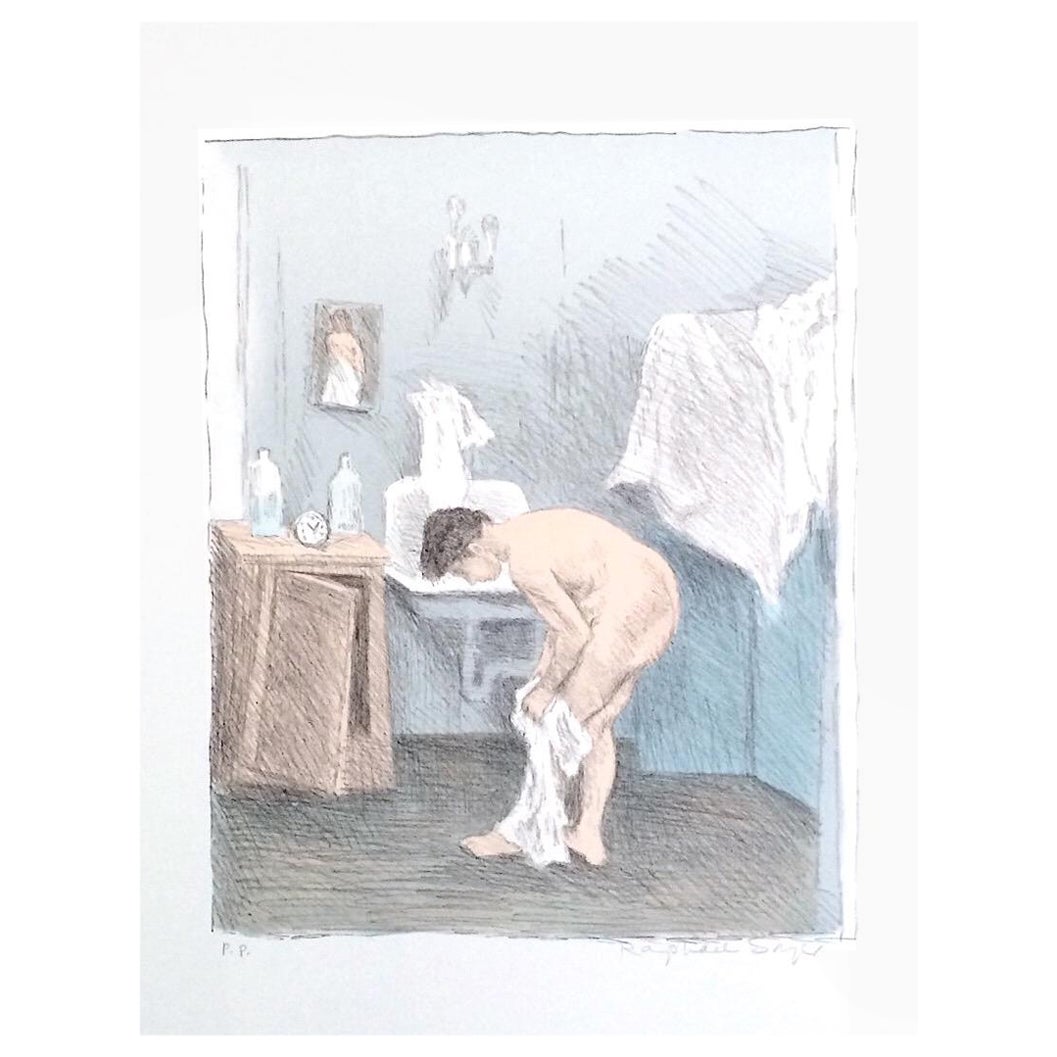 AFTER THE BATH Signed Lithograph, Pencil Drawing Nude Portrait, Woman Dressing