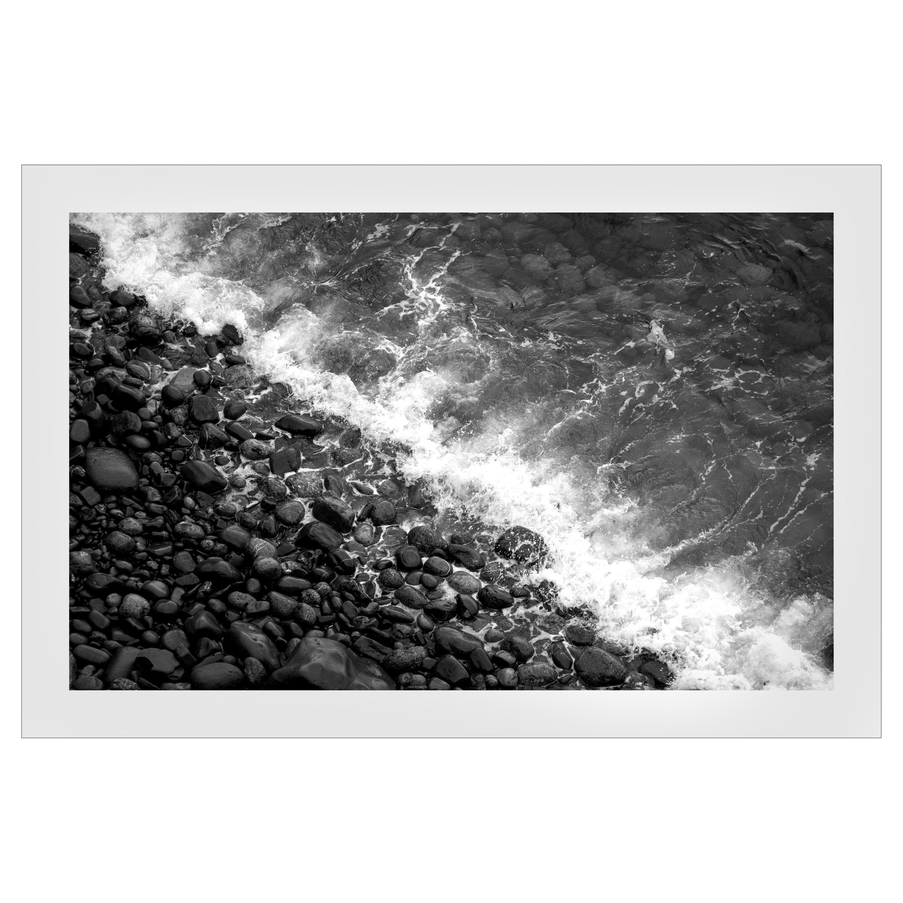 Kind of Cyan Landscape Photograph - Black & White Shoreline of British Pebble Beach, Horizontal Seascape, Zen Waves 