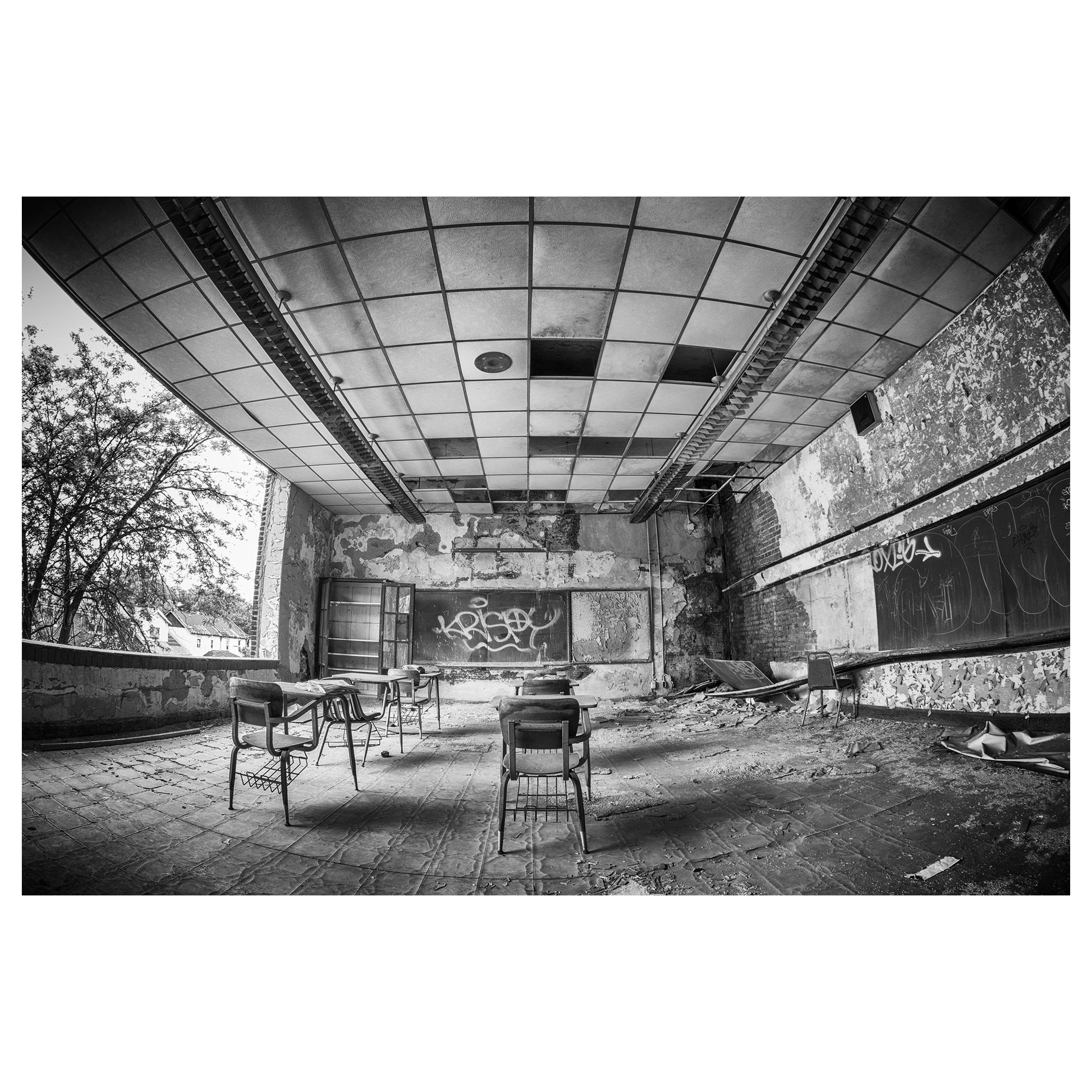 "Krispy", abandoned school, classroom, black and white, Gary, Indiana, photo - Photograph by Rebecca Skinner