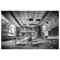 "Krispy", abandoned school, classroom, black and white, Gary, Indiana, photo