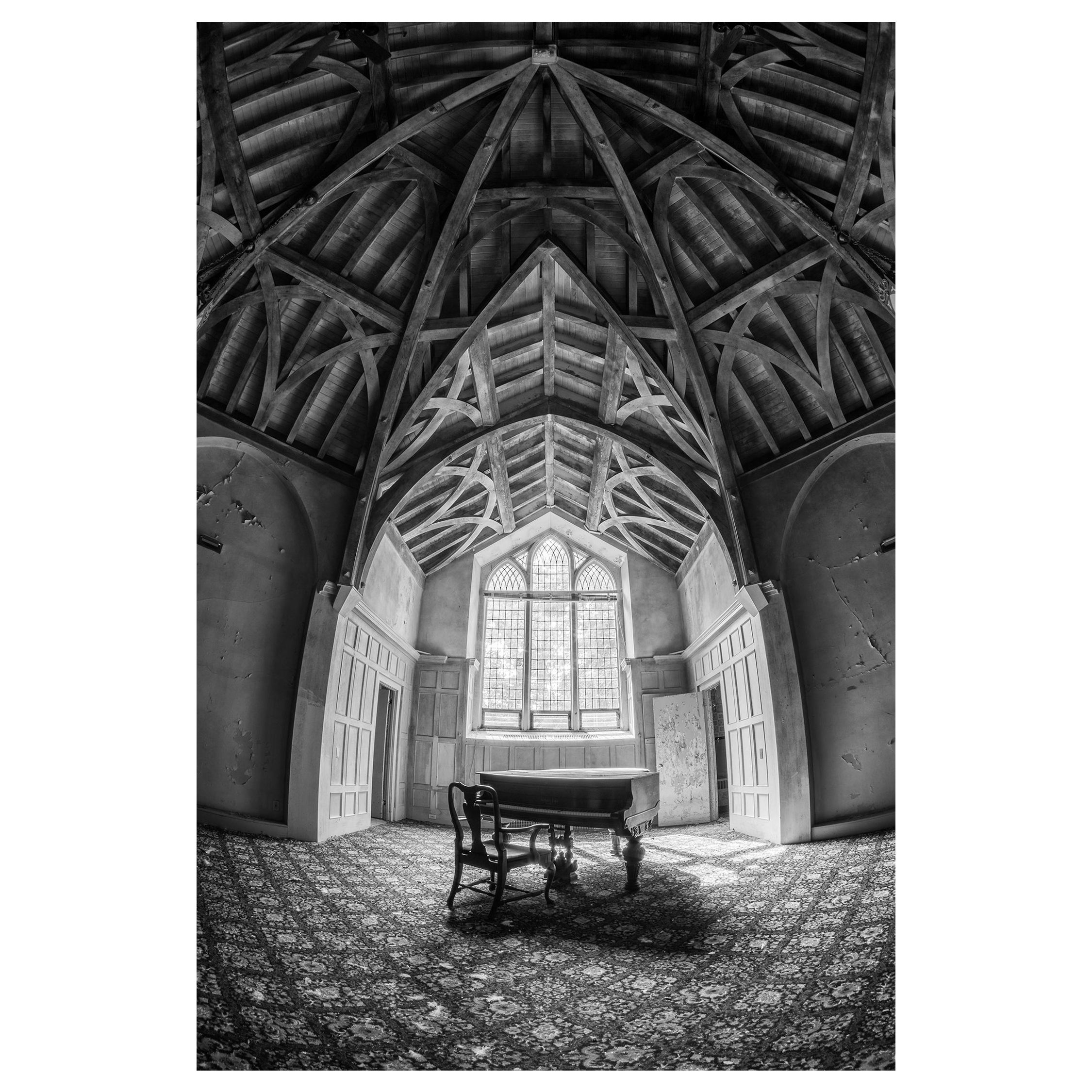 "Peace", abandoned, black and white, piano, mansion, architecture, photograph - Photograph by Rebecca Skinner