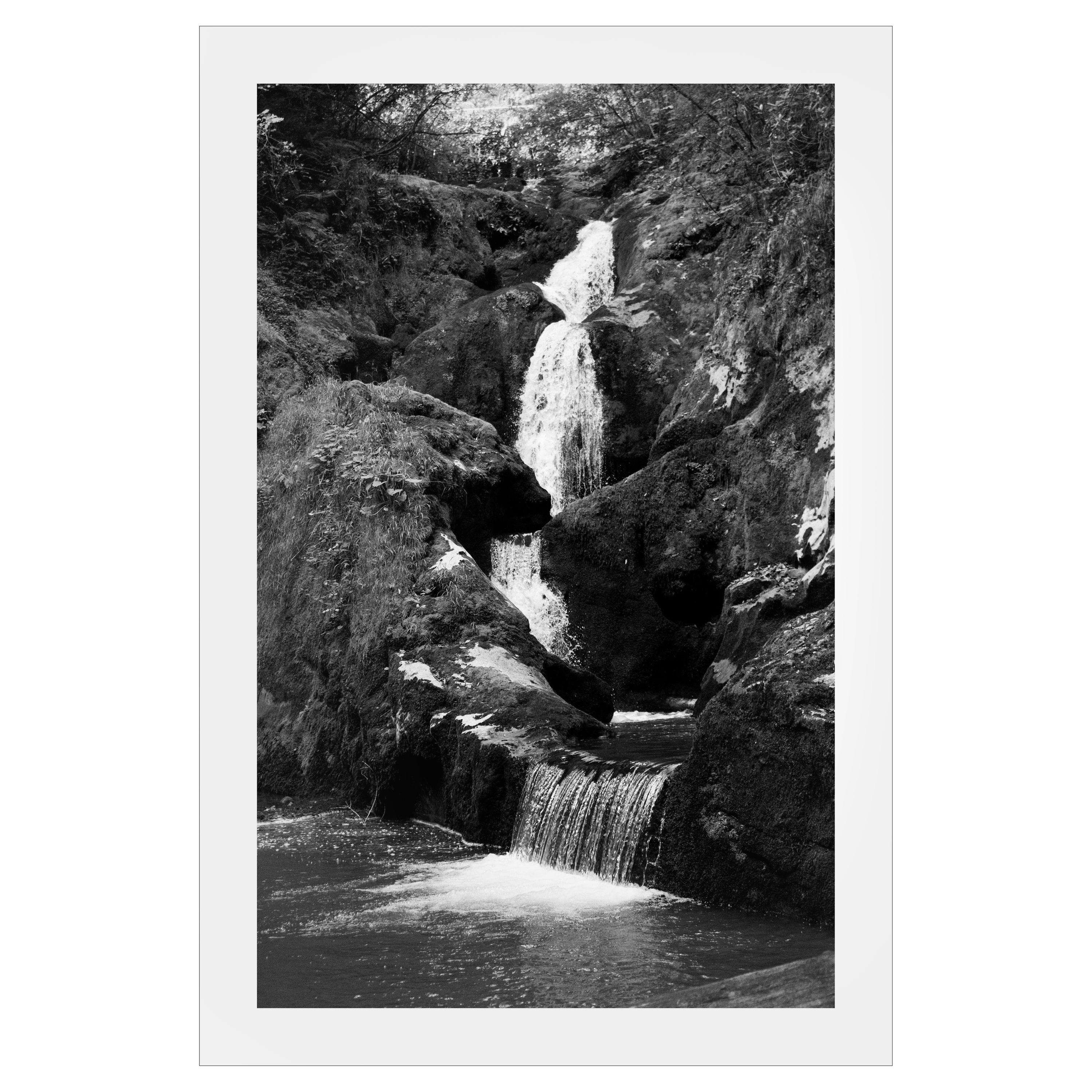 Giclée verticale en noir et blanc d'une chute d'eau dans une forêt zen, paysage, Feng Shui