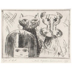 Vintage The girl, cat and cow. 1975, paper, etching, 8, 5x10, 5 cm