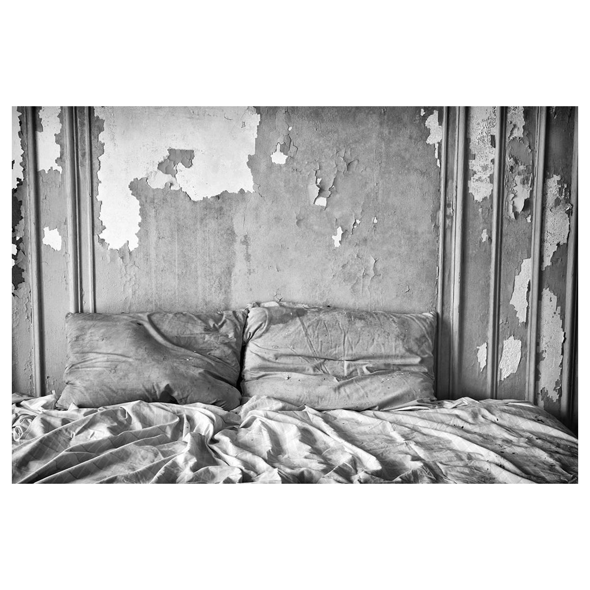 Rebecca Skinner Black and White Photograph - "Over", abandoned, bed, pillows, metal print, black and white, photograph