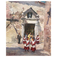 Procession in Ibiza Spain original oil on canvas painting