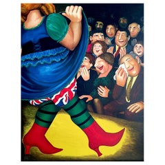 PANTO DAME Lithograph, Woman Dancing, Red Boots, Union Jack, British Humor