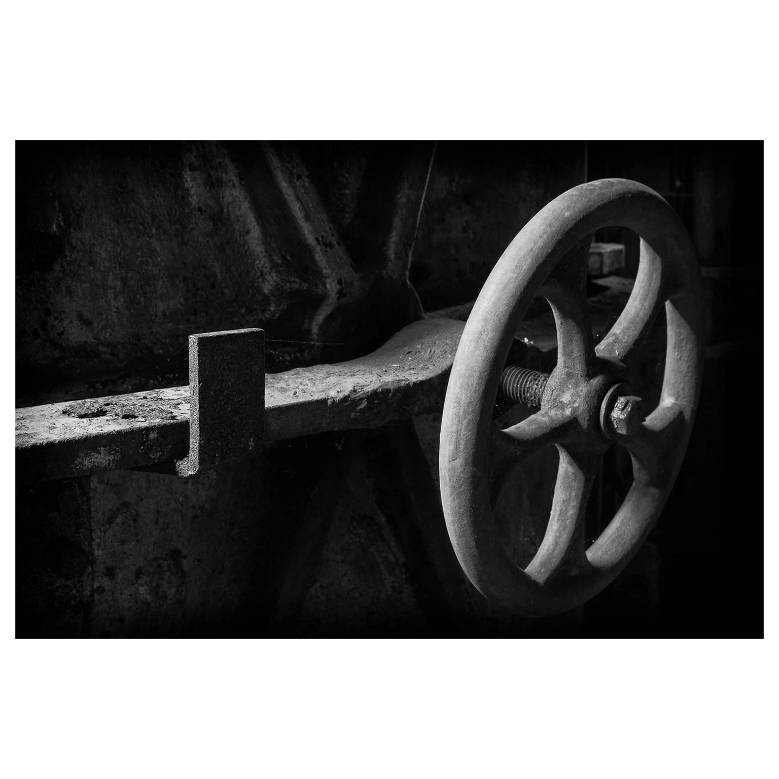 Rebecca Skinner Still-Life Photograph - "Wheel", abandoned, silk mill, black and white, industrial, vintage, photograph