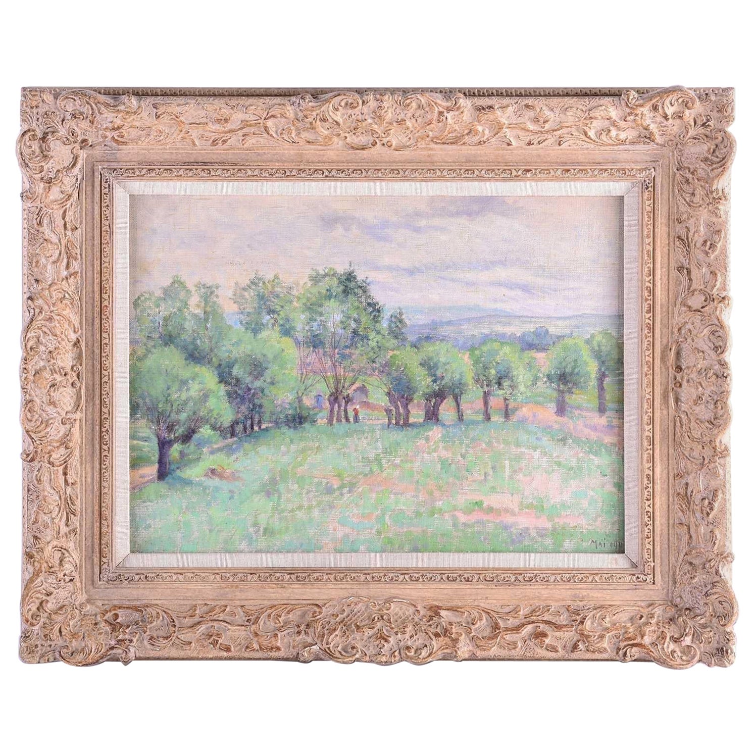 Figurative Painting (follower of) Camille Pissarro - Peinture à l'huile impressionniste française des années 1890, Lady Walking Country Landscape Fields
