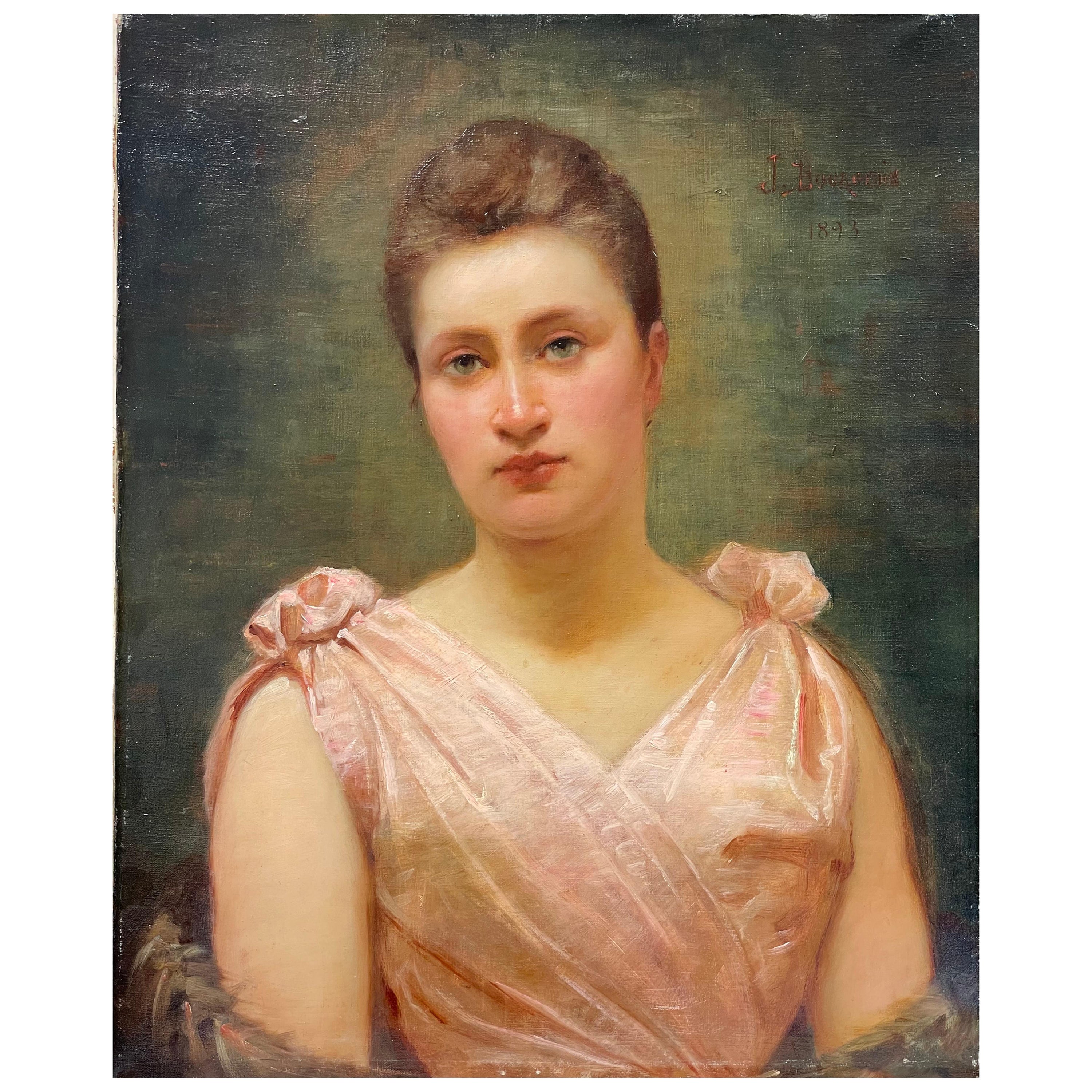 Portrait à l'huile original d'une femme en robe rose de la période Belle Époque des années 1890, signé