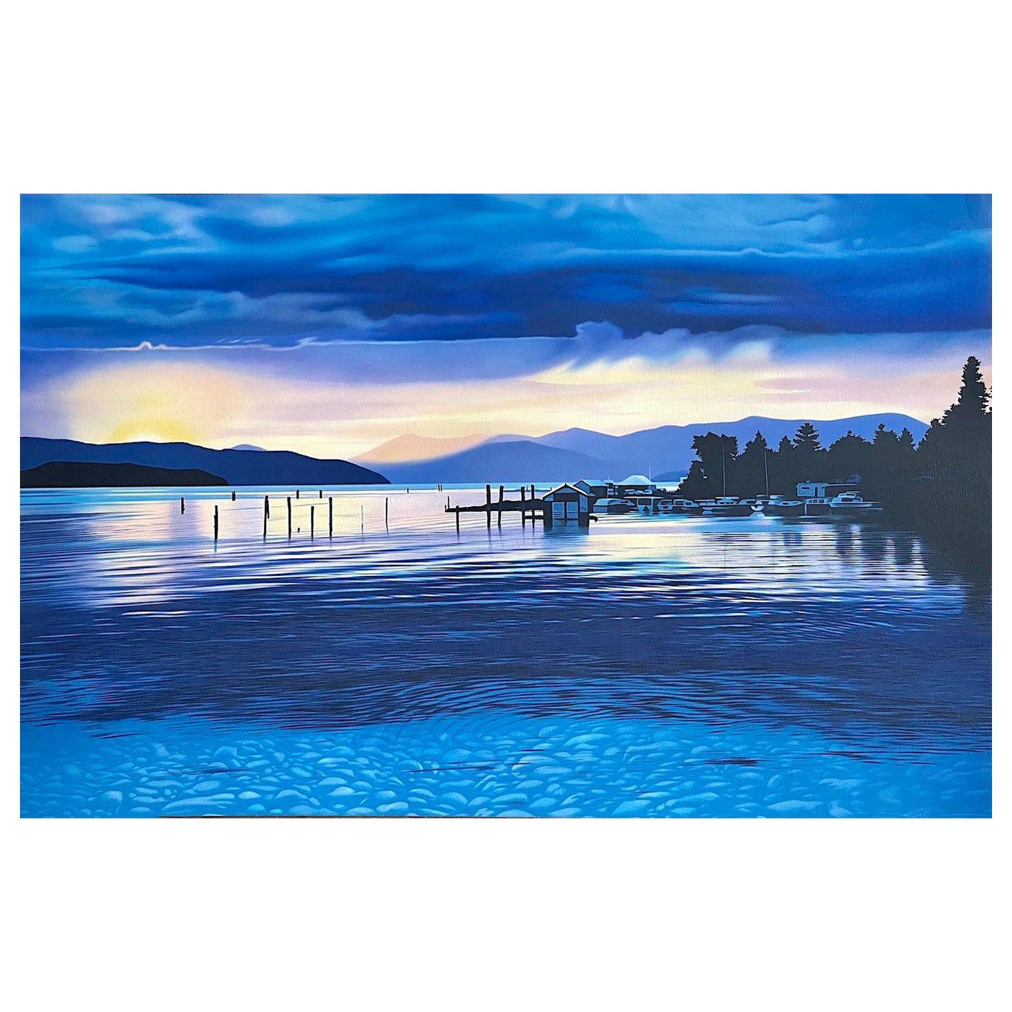 Lithographie signée CRYSTAL CLEAR, paysage Twilight bleu d'eau douce, bateau, pont 