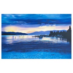 CRYSTAL CLEAR Signed Lithograph, Blue Water Twilight Landscape, Boathouse, Dock 