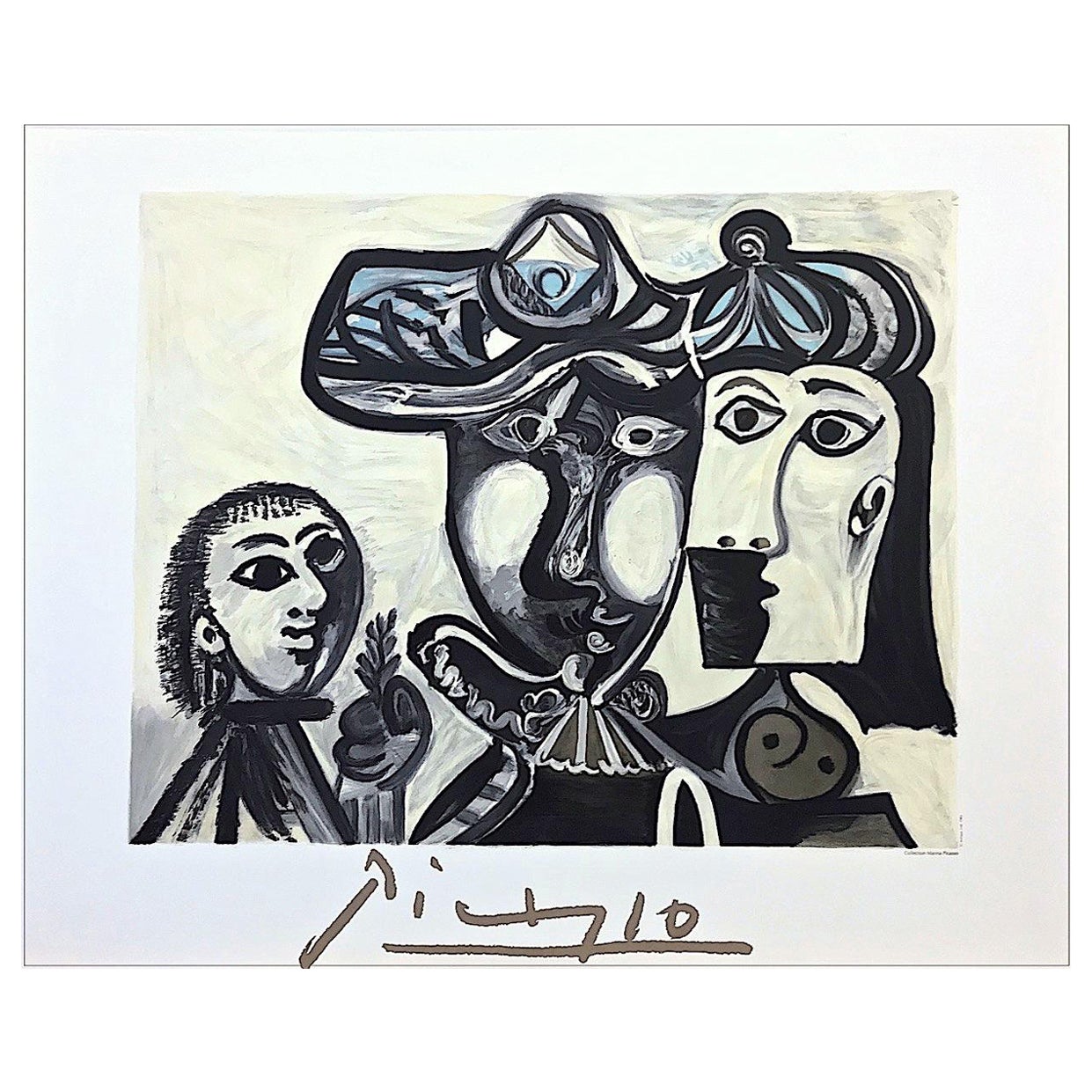 Couple et Enfant au Rameau d'Olivier, Lithographie, Portrait de famille abstrait, Chapeaux