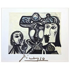 Vintage Couple et Enfant au Rameau d’Olivier, Lithograph, Abstract Family Portrait, Hats