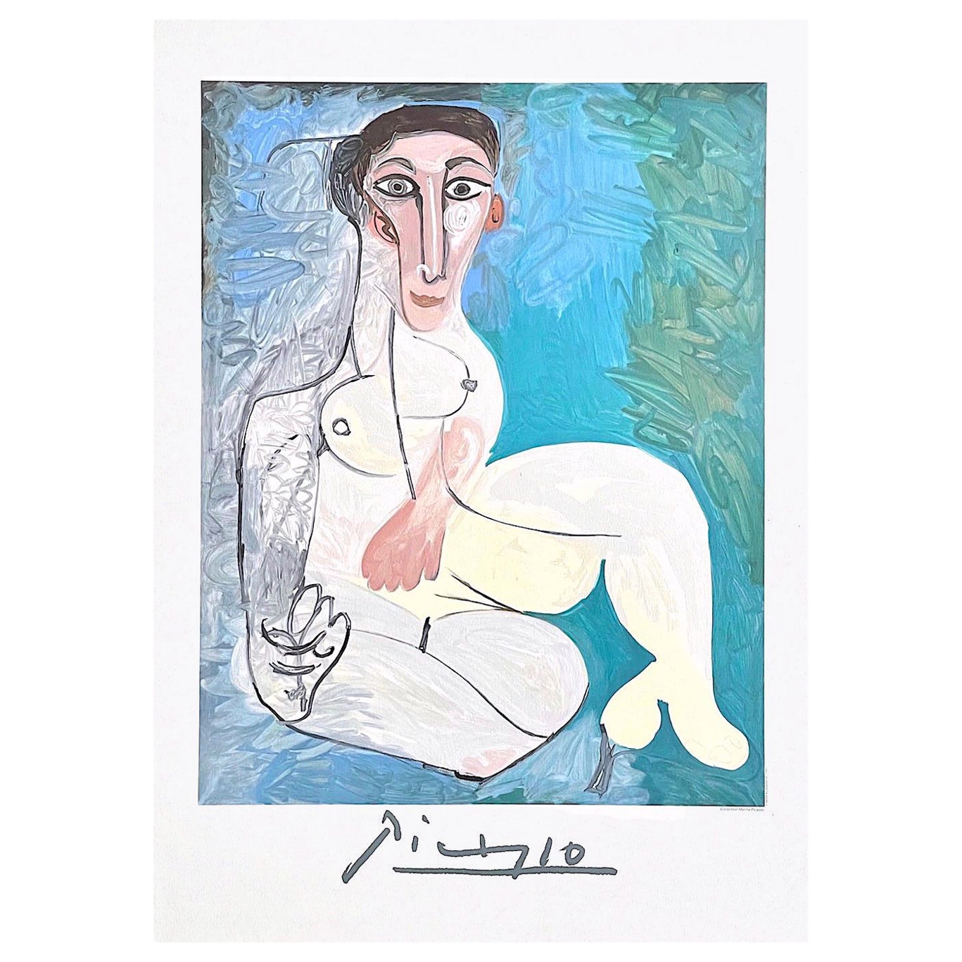 (after) Pablo Picasso Nude Print - Femme Nu Assise dans l'herbe, Lithograph, Abstract Seated Nude, Aqua, Pink, Gray