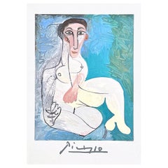 Femme Nu Assise dans l''herbe, Lithographie, Abstrakter sitzender Akt, Aqua, Rosa, Grau