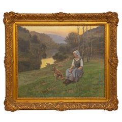 Romantic French Shepherdess 19th Century Landscape Painting by Jean Beauduin