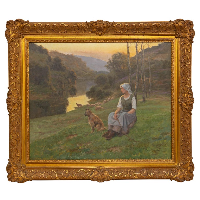 French shepherdess at twilight by Jean Beauduin (1851-1916). Oil on canvas mounted on board. Original Barbizon frame. I believe the dog is a bergere Picard. The bergere Picard or Picardy Shepherd is a French herding originating in Picardy. These