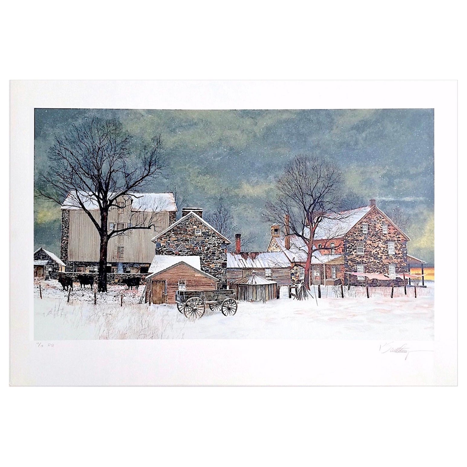 Peter Sculthorpe Landscape Print - HEARTLAND Hand Drawn Lithograph, Historic Stone Farmhouse Cow Barn Bucks County