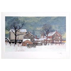 HEARTLAND Hand Drawn Lithograph, Historic Stone Farmhouse Cow Barn Bucks County