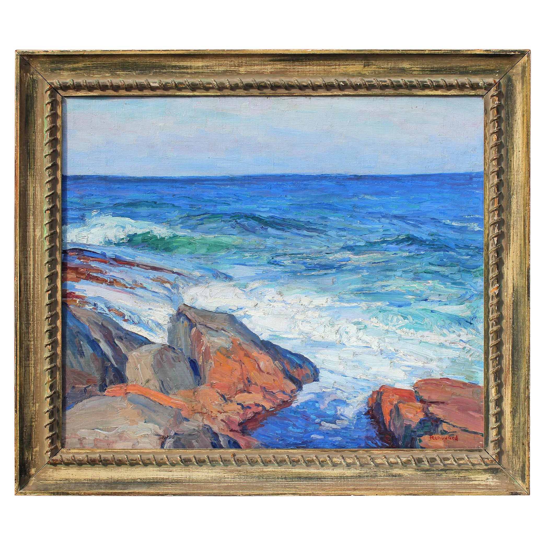 Impressionist American seascape, oil painting by George Renouard. Inscribed on reverse "1st Chapter-Genesis by Renouard". Oil on canvas. Signé en bas à droite. Original frame. Measures: 20" x 24" without frame.
George Renouard, was born in