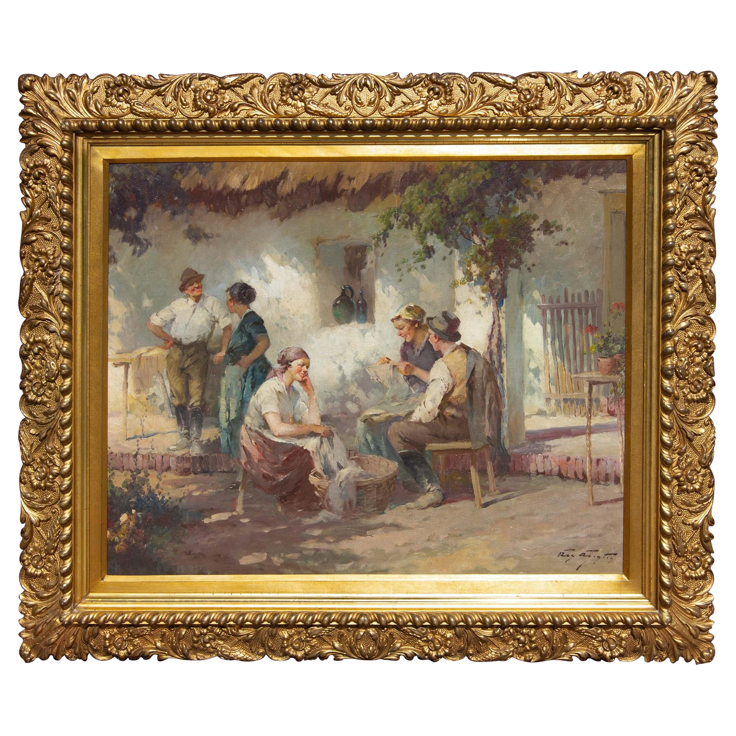 Figurative Painting Agostos Acs  - Peinture à l'huile d'une scène de jardin dans un cadre doré, début du 20ème siècle