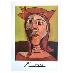 Vintage Tete de Femme, Lithograph, Abstract Portrait Head, Woman in Hat Terra Cotta Pink