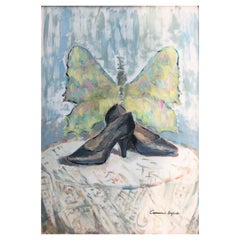 Still life of women's shoes oil on paper painting