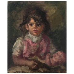 Peinture à l'huile sur carton d'une jeune fille en bas âge avec un bébé