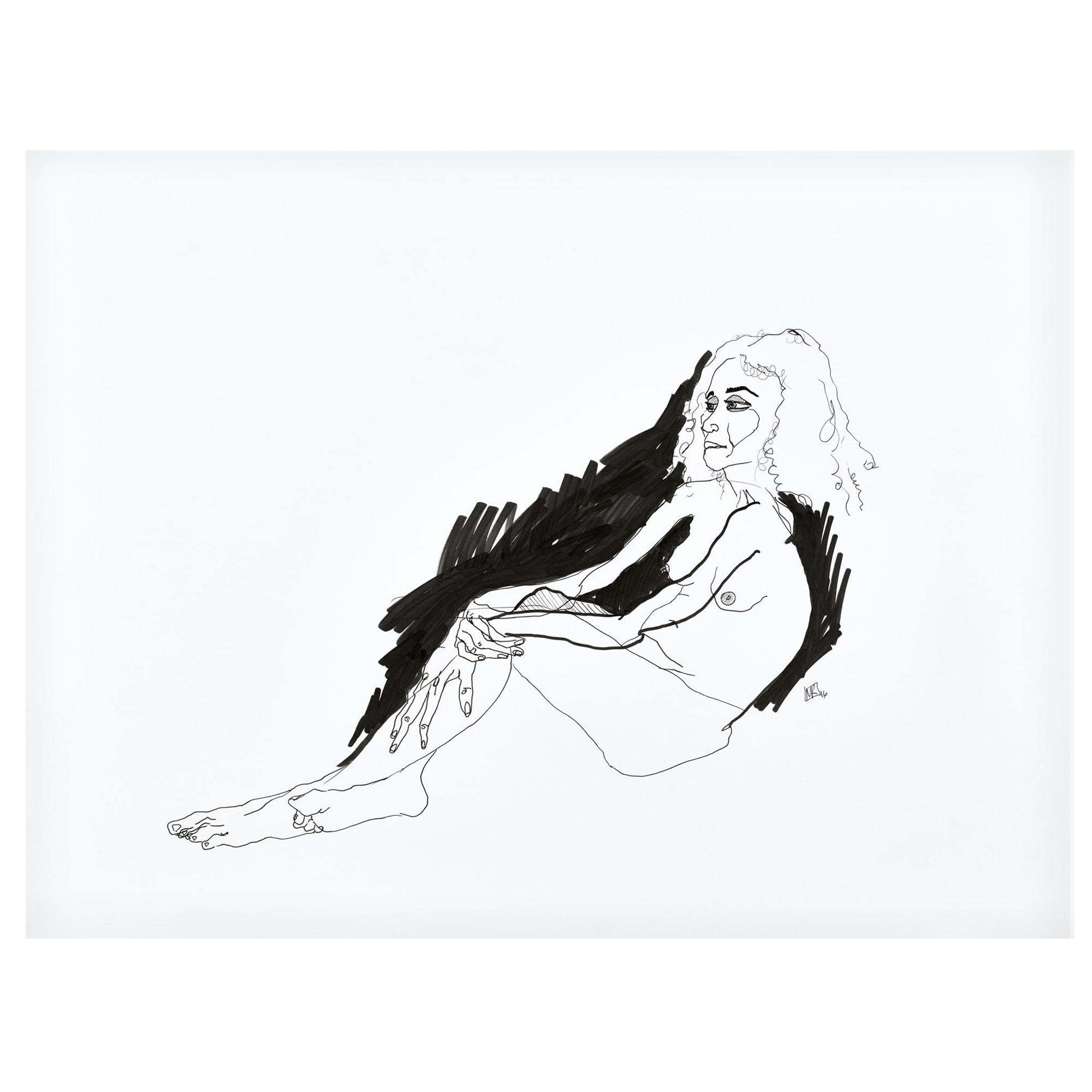 Mel Reese Figurative Art - "Chantel no. 2", figure line drawing of nude female lounging