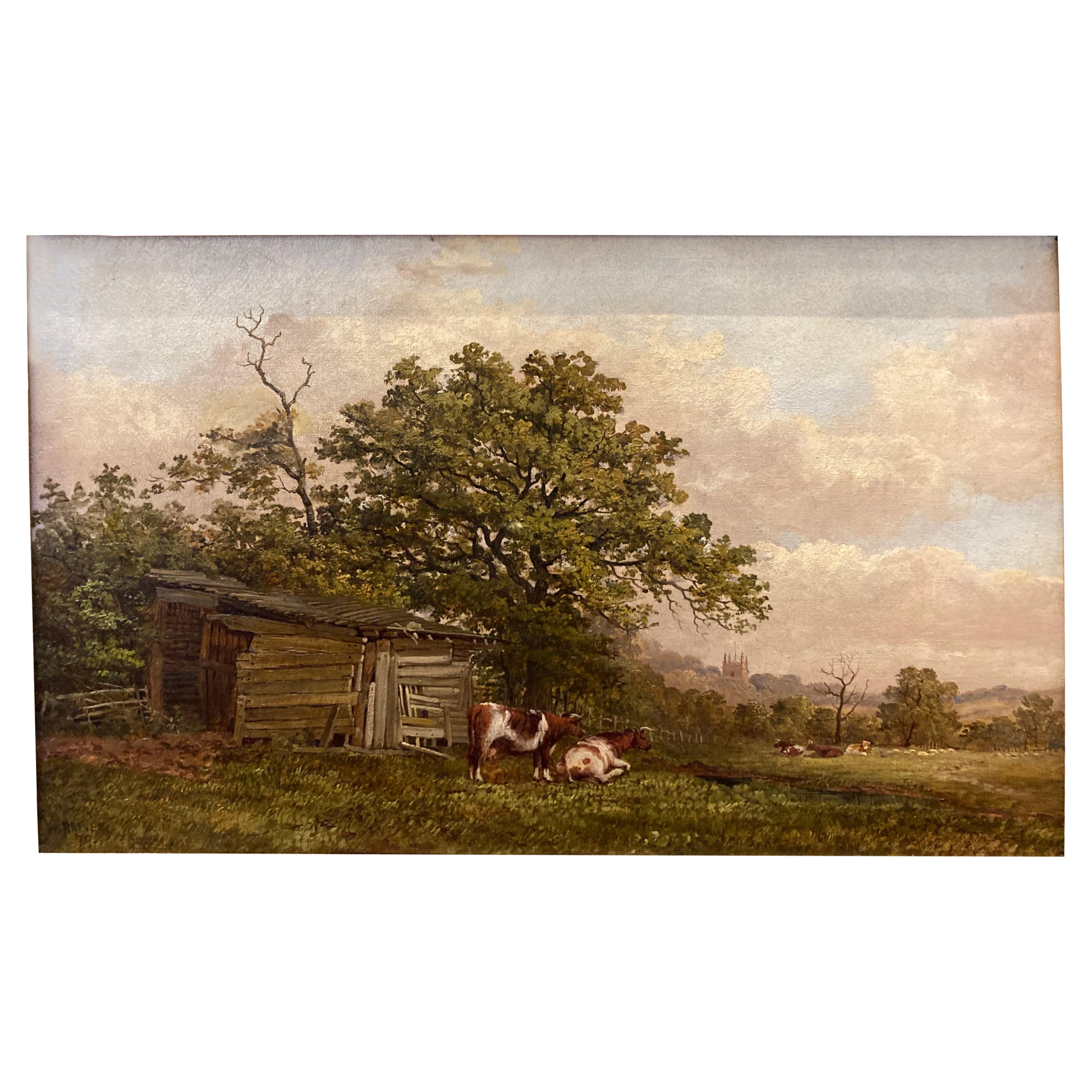 Walter Reeves Landscape Painting - "Hereford Cattle Grazing in a Field" Small Landscape Oil Painting