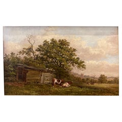 "Hereford Cattle Grazing in a Field" Small Landscape Oil Painting