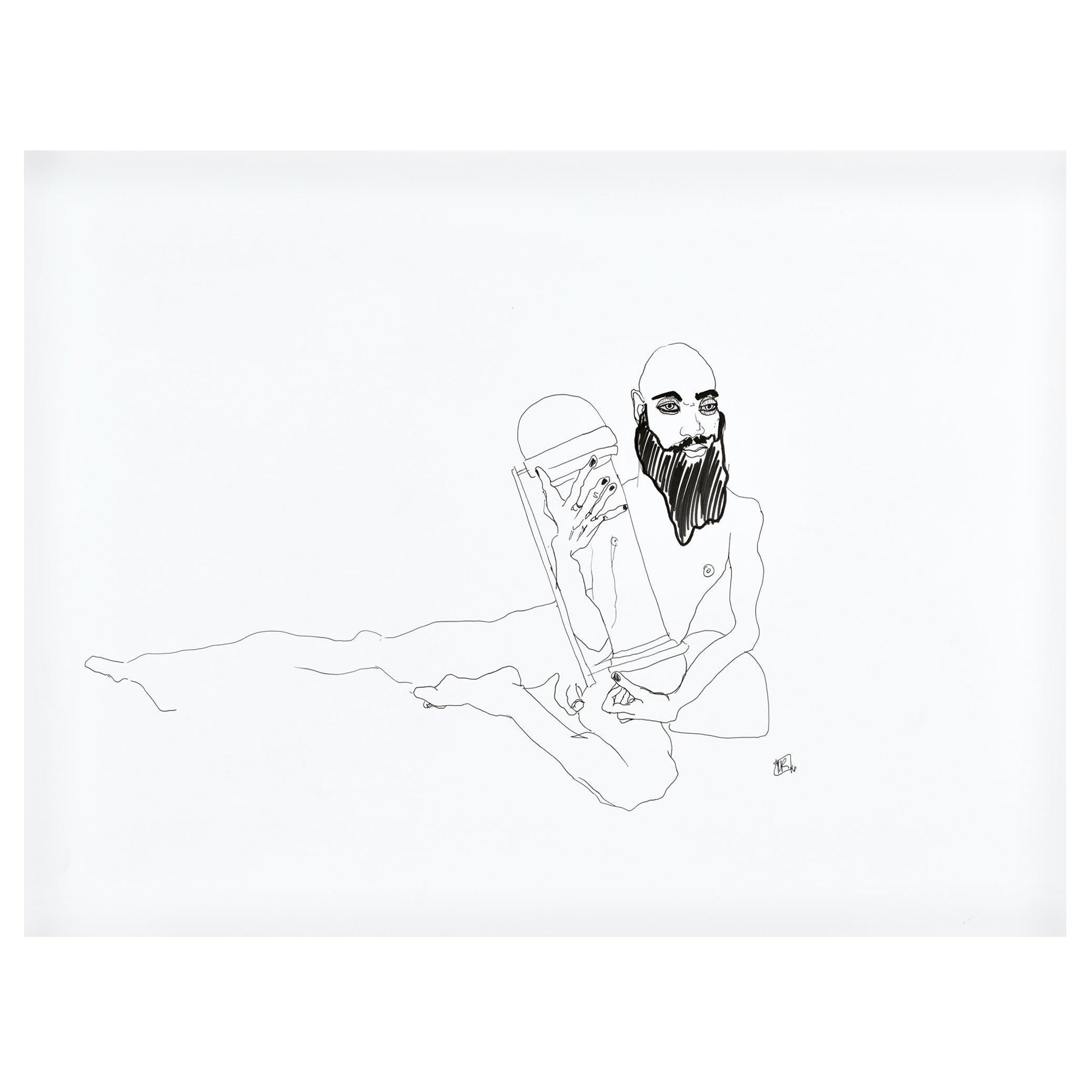 Mel Reese Nude - "Aarron no. 2", figure line drawing of nude male sitting holding an object