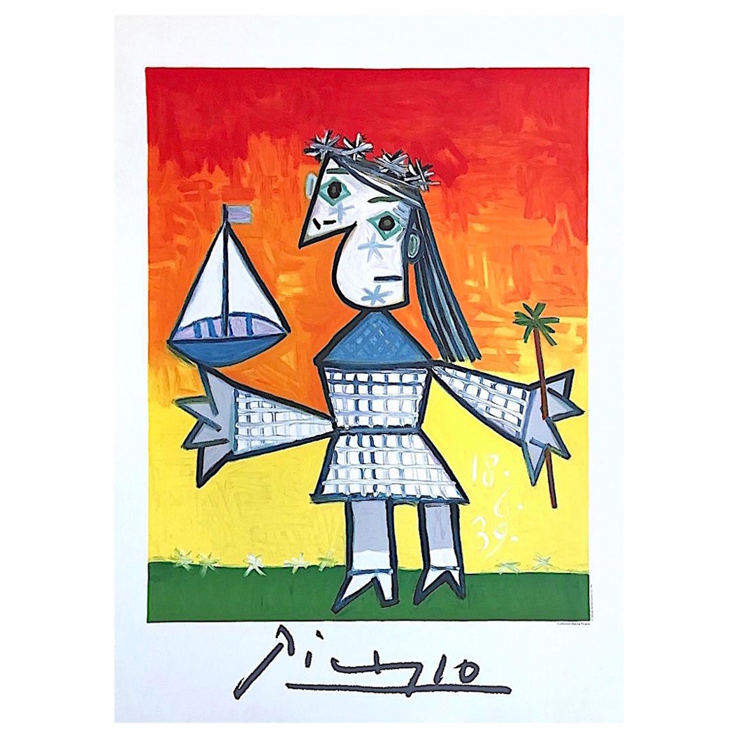 Abstract Print (after) Pablo Picasso - Fillette Couronee au Bateau, Lithographie, Jeune fille avec voilier, Portrait d'enfant en bâton