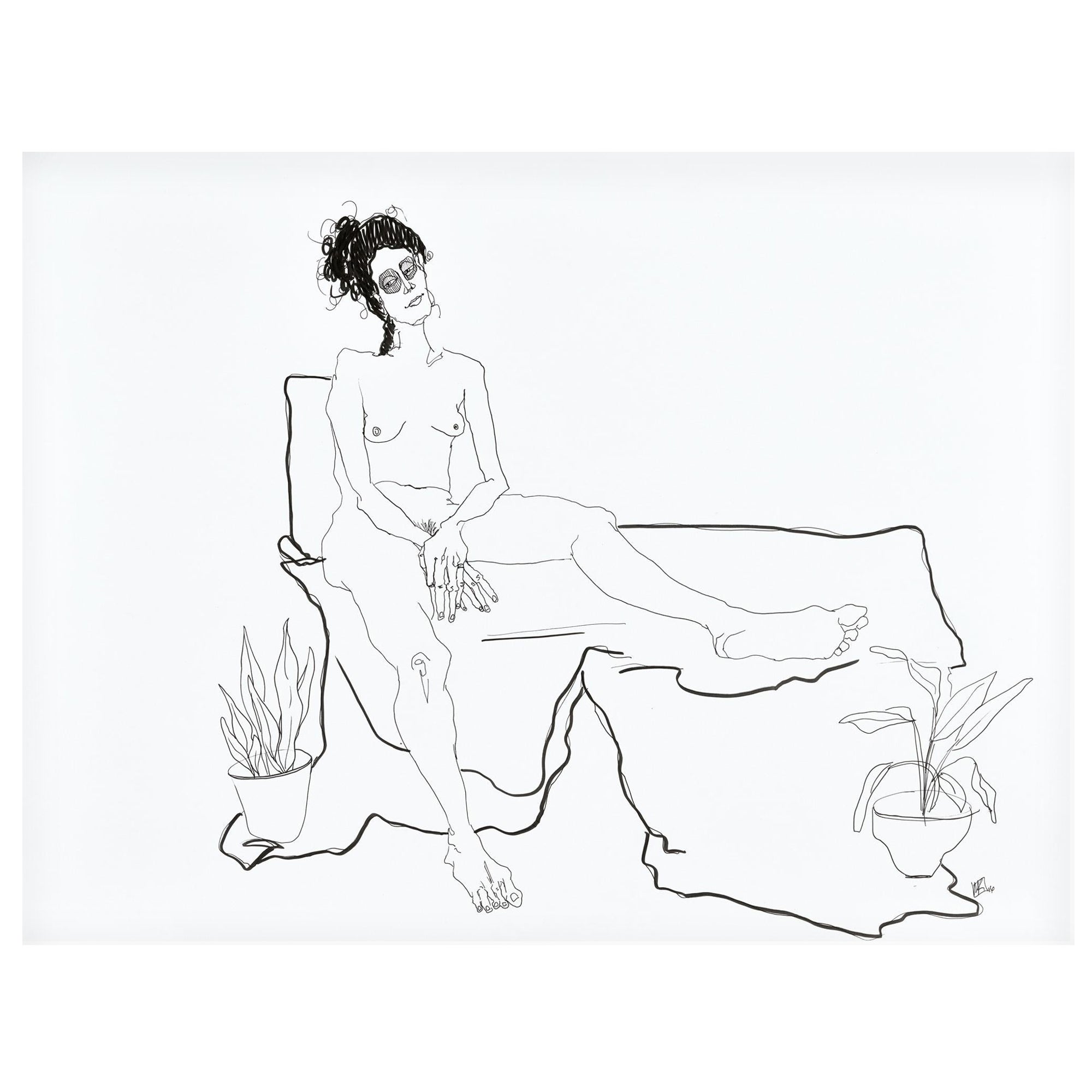 Mel Reese Nude - "Laurel no. 3", figure line drawing of nude female lounging with her plants