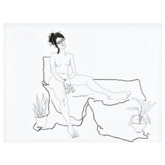 ""Laurel n° 3", dessin au trait de figure d'une femme nue se prélassant avec ses plantes