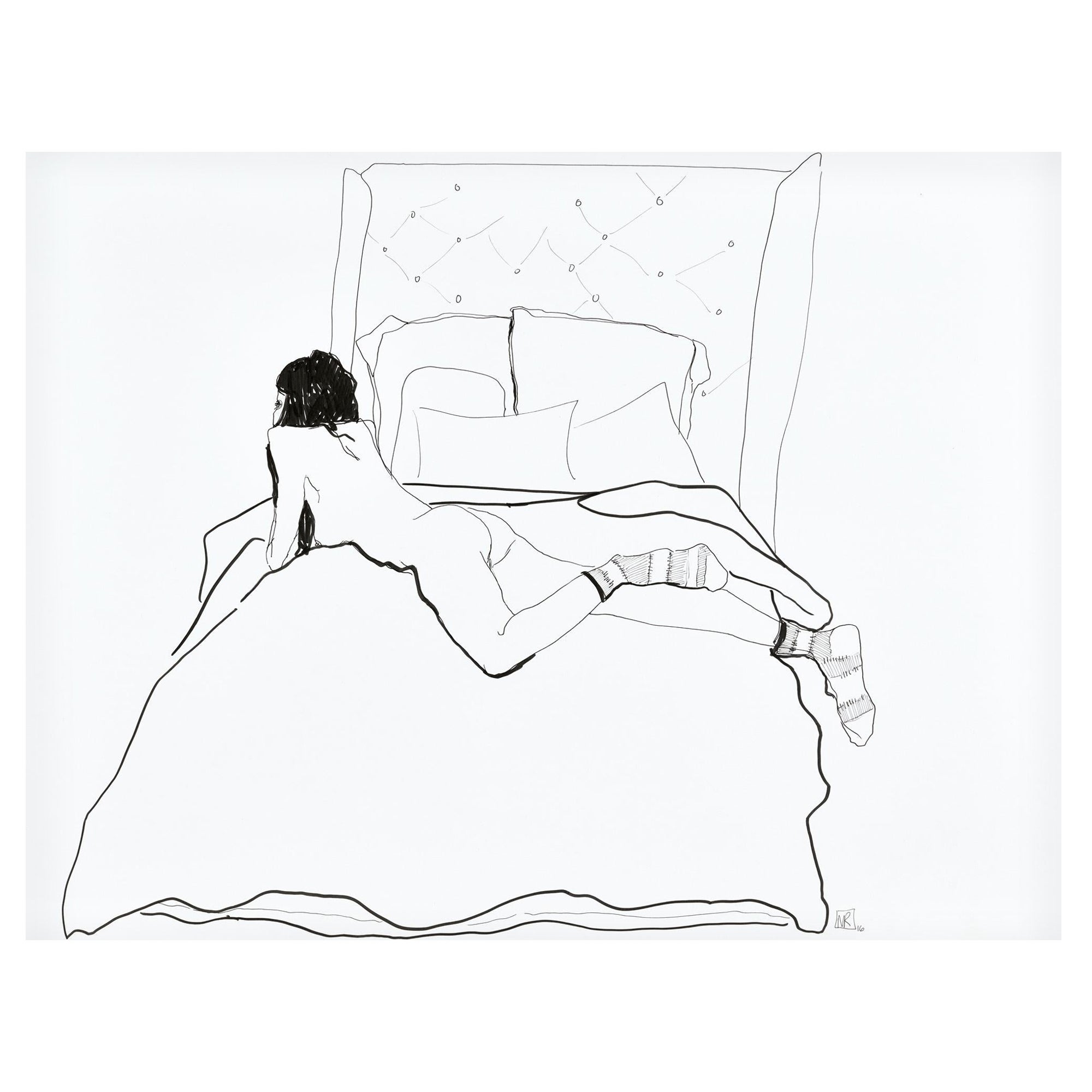 Mel Reese Nude - "Sarah no. 2", figure line drawing of nude female lounging with socks on