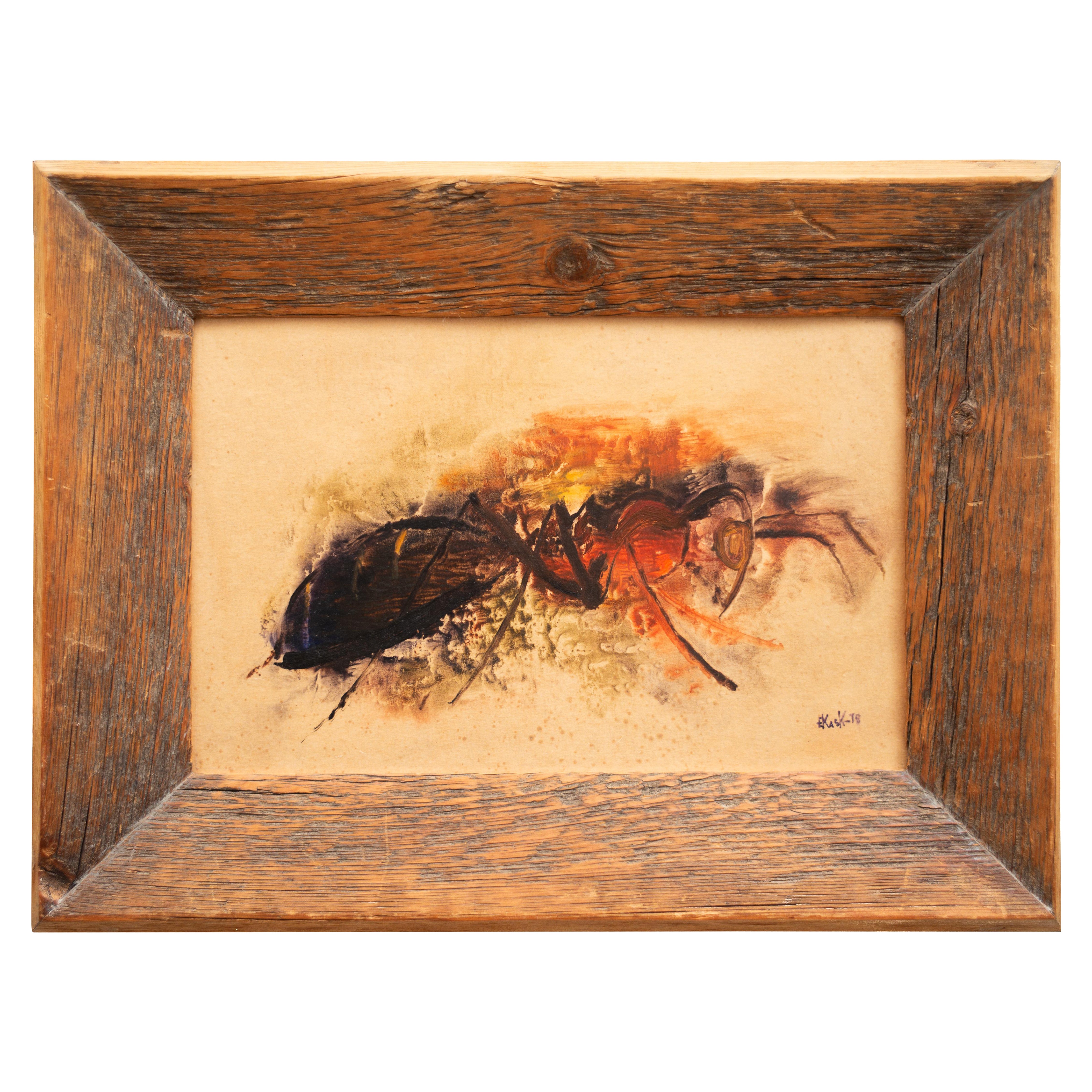 Ant Battle by Eugen Kask, Oil on Panel, Signed, 1978, Free Shipping 