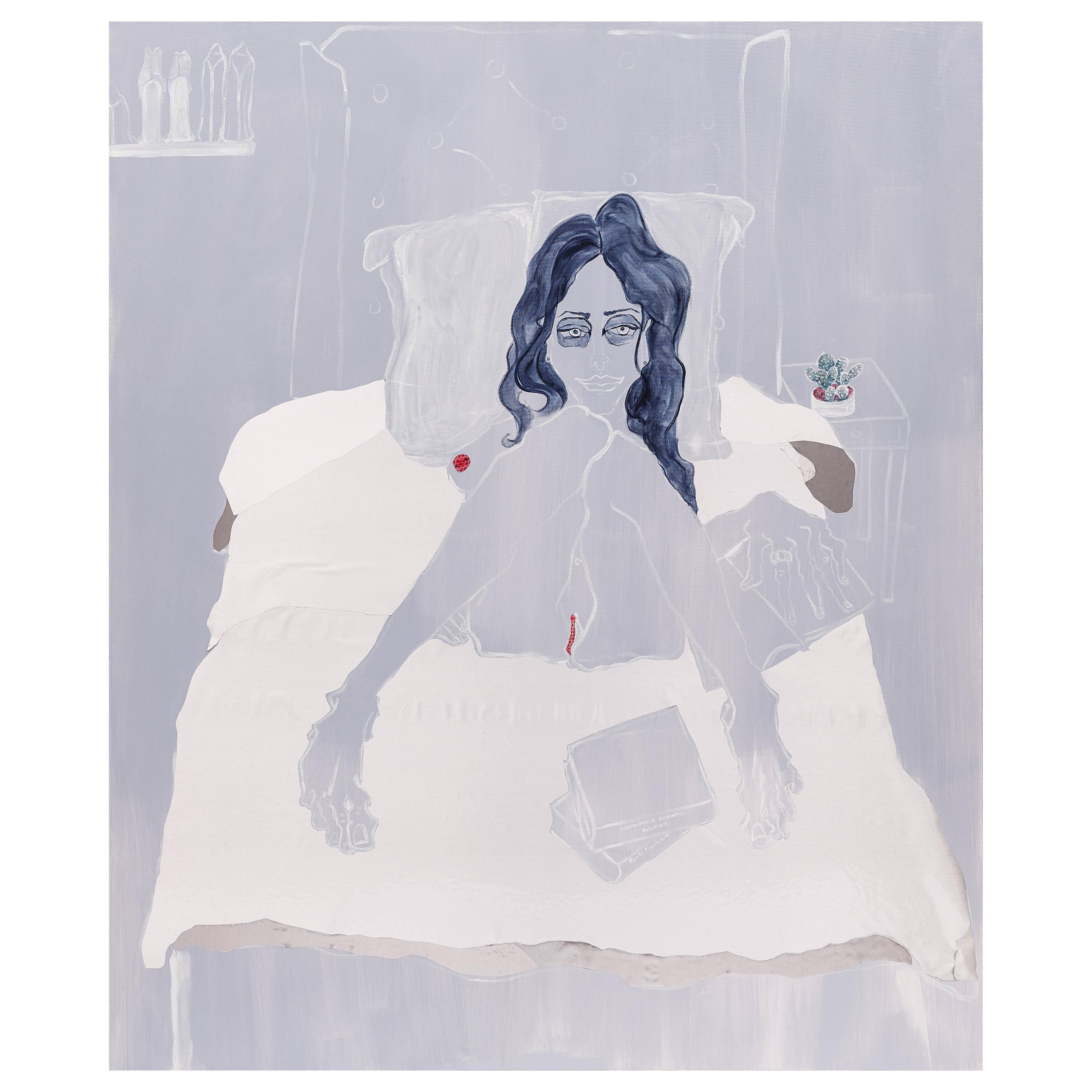 Mel Reese Figurative Painting - "Sarah", figure painting and mylar collage of nude female lounging on bed