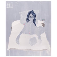 „Sarah“, Figurenmalerei und Mylar-Collage eines nackten weiblichen Faulenzens auf dem Bett